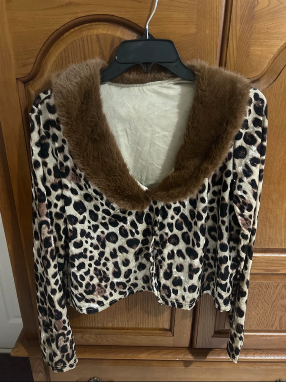 Leopard Print Faux Fur Collar Jacket in Brown